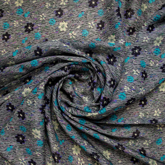 Grey Floral Print Russian Silk Fabric Trade UNO