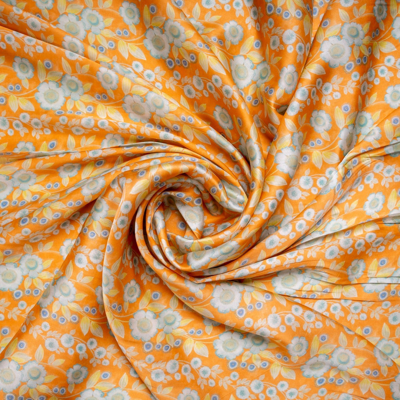 Orange Floral Print Satin Bemberg Fabric Trade UNO