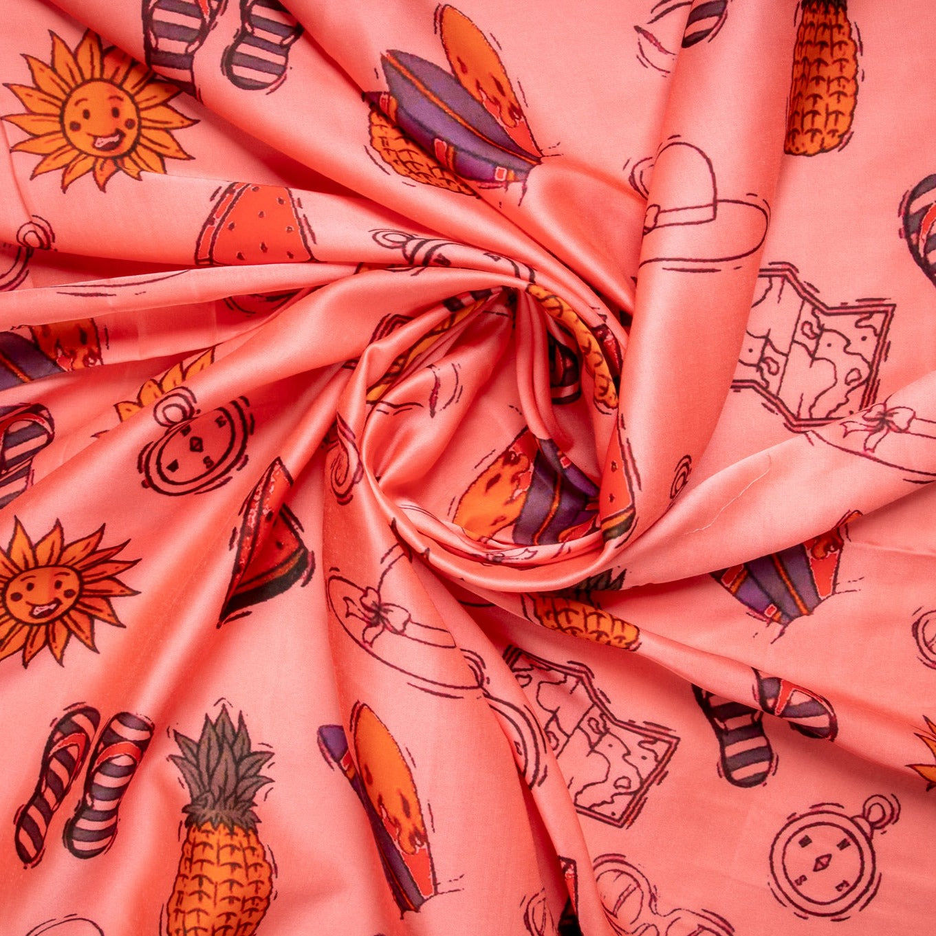 Salmon Pink Quirky Print Satin Fabric Trade UNO