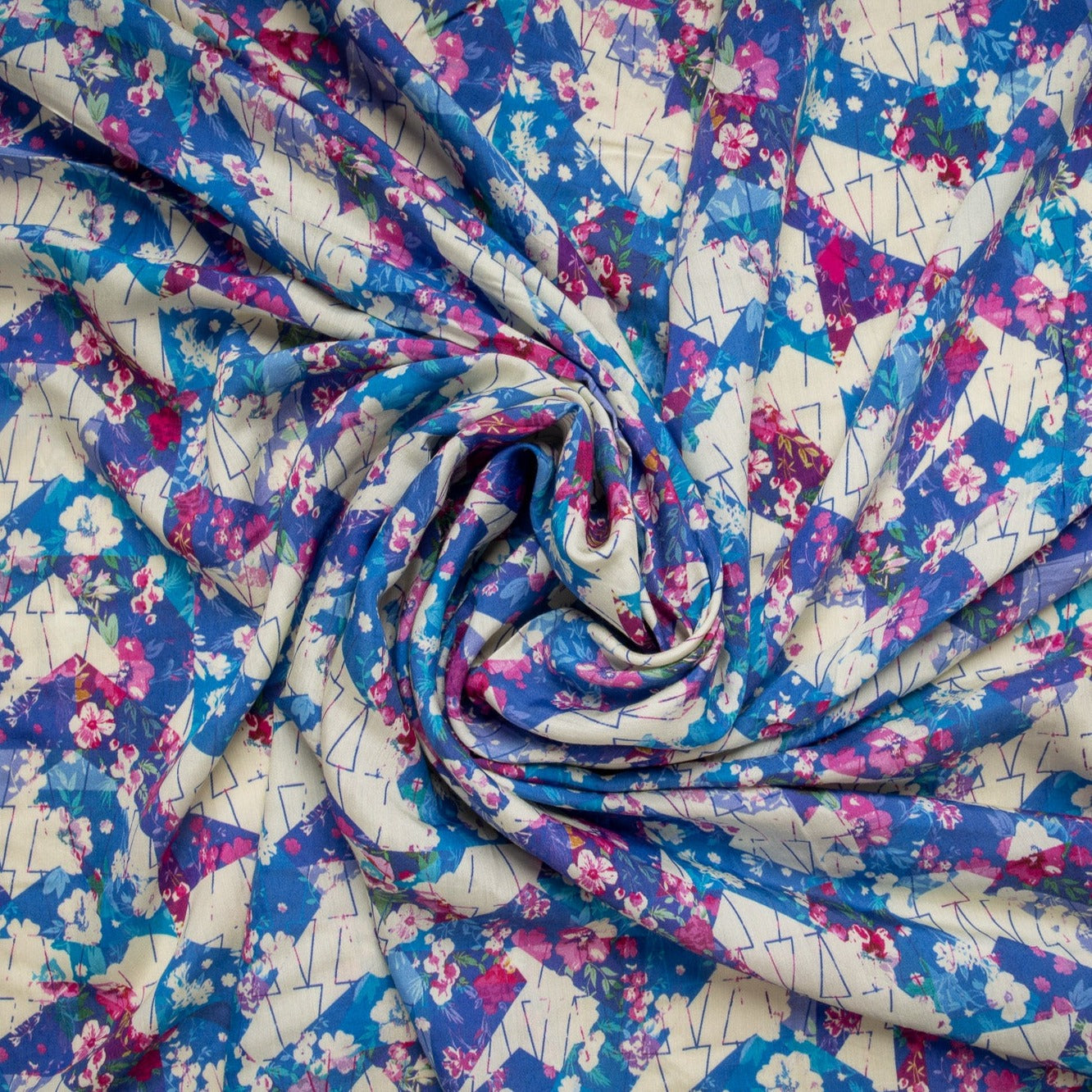 Multi Color Abstract Floral Print Raw Silk Fabric Trade UNO