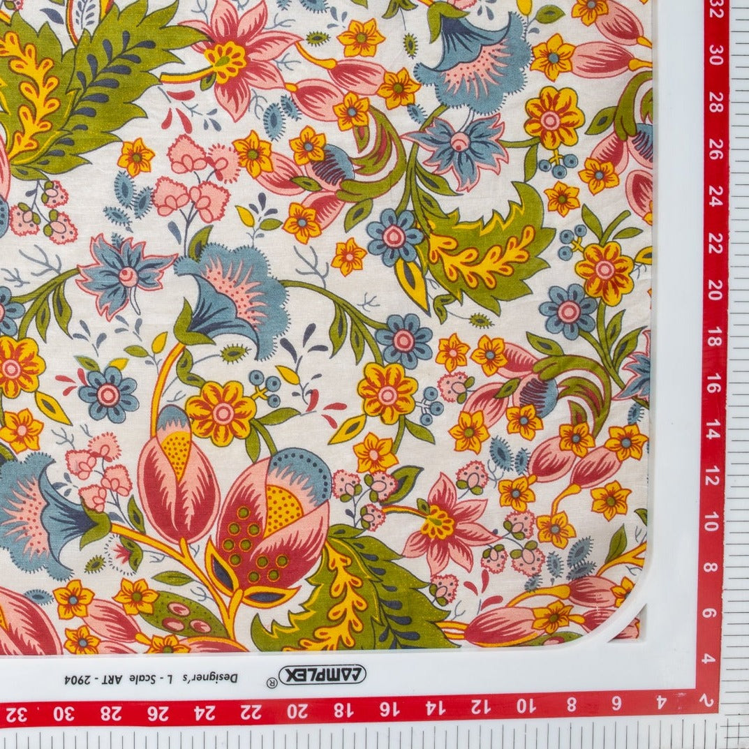 White Floral Print Tabby Silk Fabric Trade UNO
