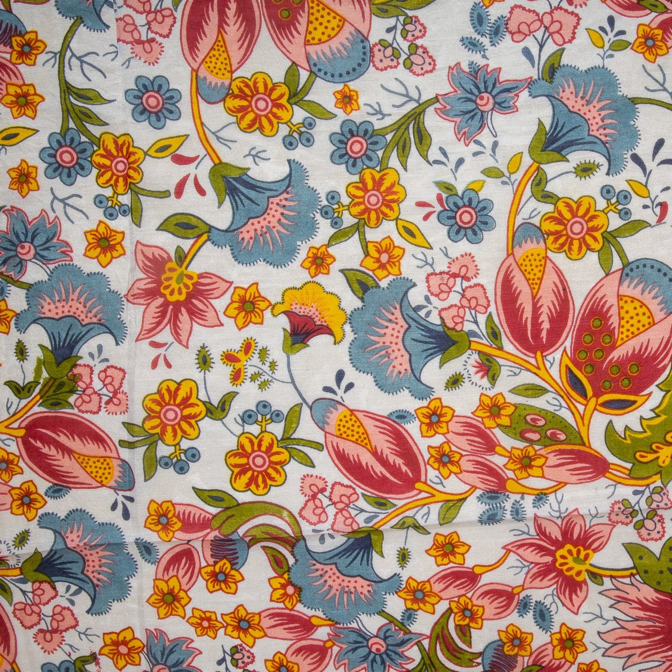 White Floral Print Tabby Silk Fabric Trade UNO