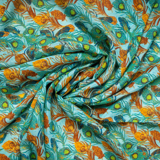 Turquoise Peacock Animal Print Shisha Crepe Fabric Trade UNO
