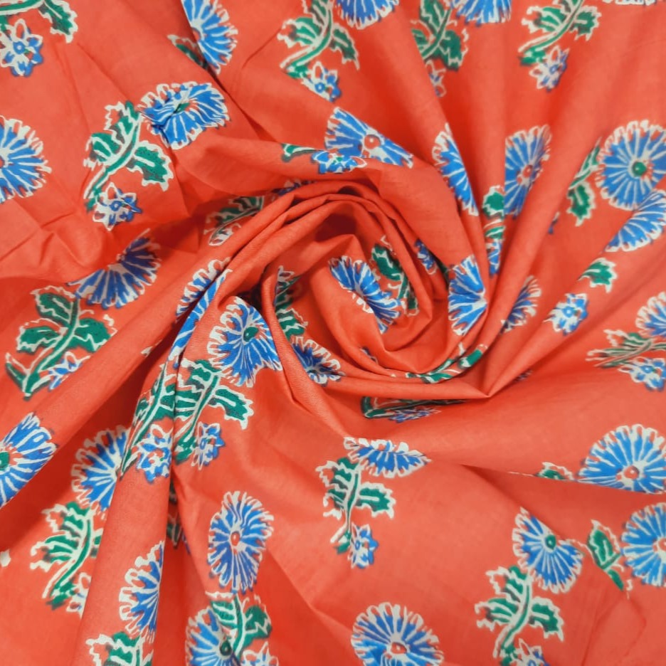 Orange Floral HandBlock Print Cotton Fabric Trade UNO