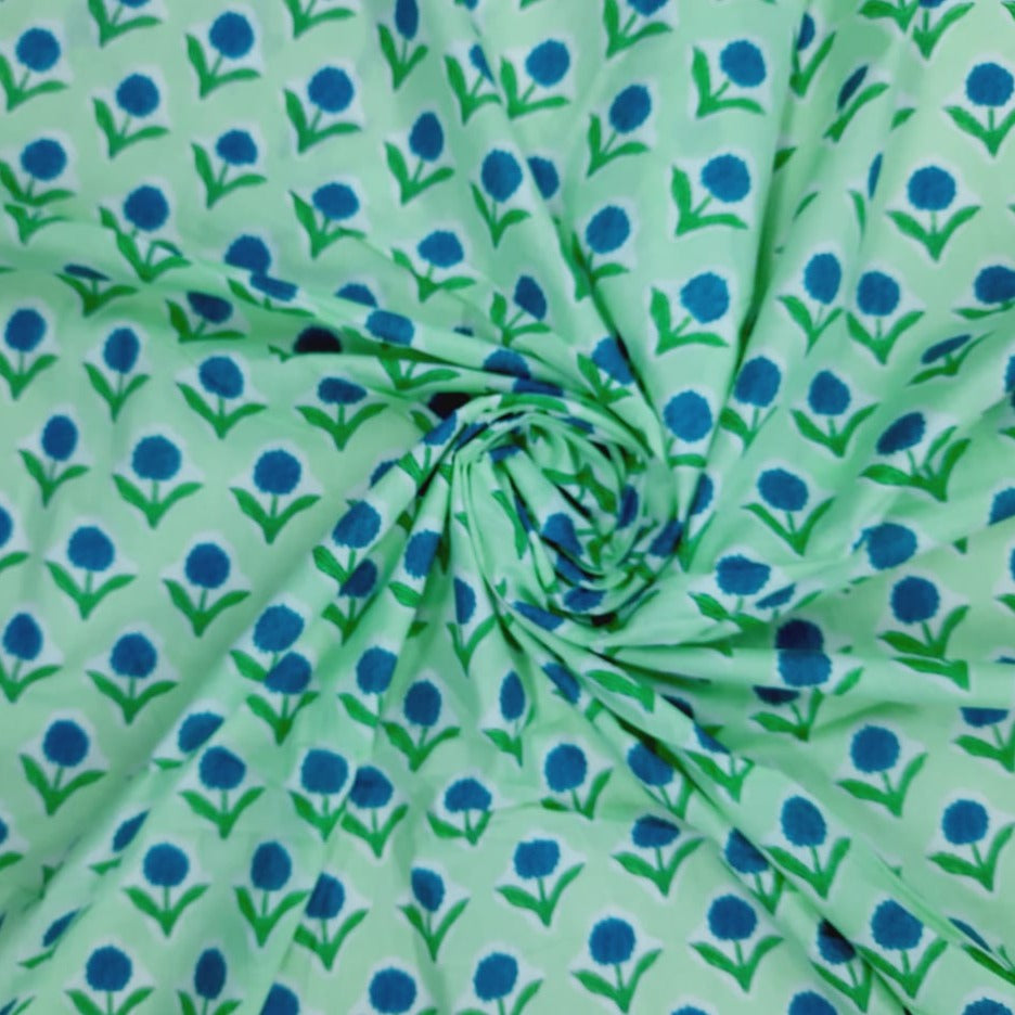 Green Floral Hand Block Print Cotton Fabric