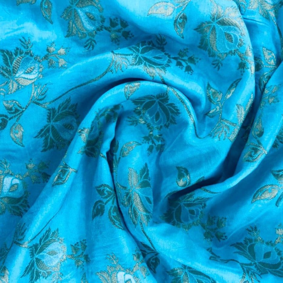Blue Traditional Floral Print Chanderi Fabric Trade UNO