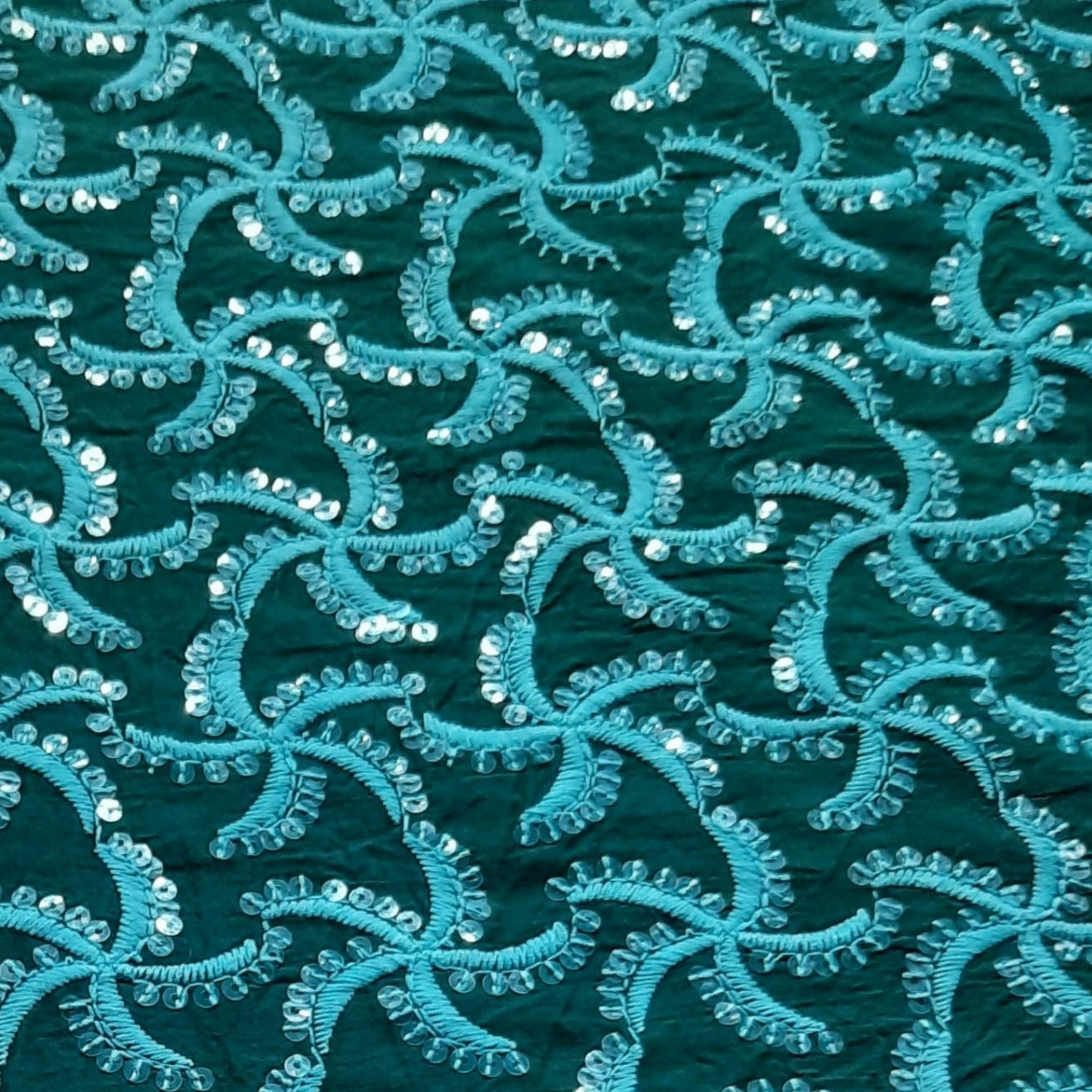Green Thread Embroidery With Sequence Cotton Fabric Trade UNO