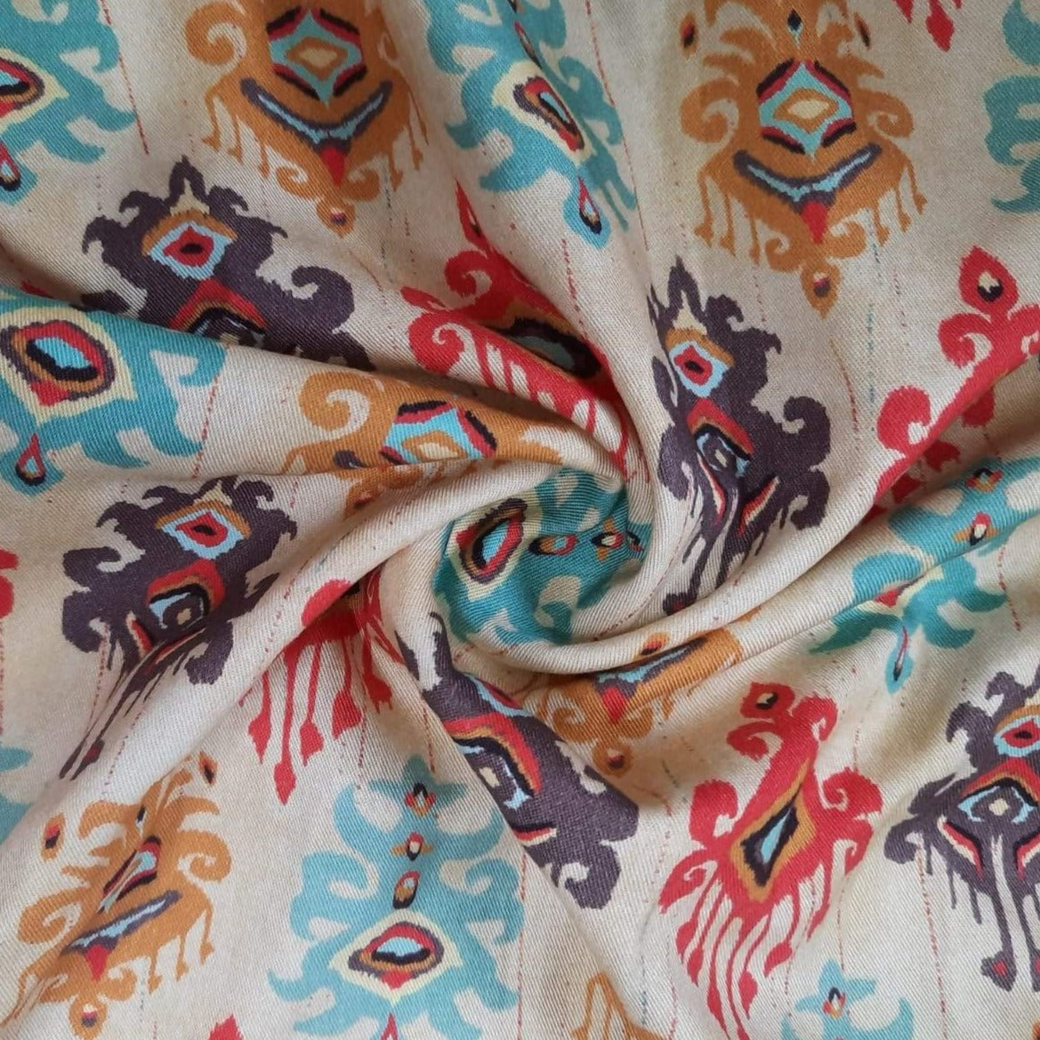 Cream Multi Color Traditional Motif Print Viscose Fabric Trade UNO