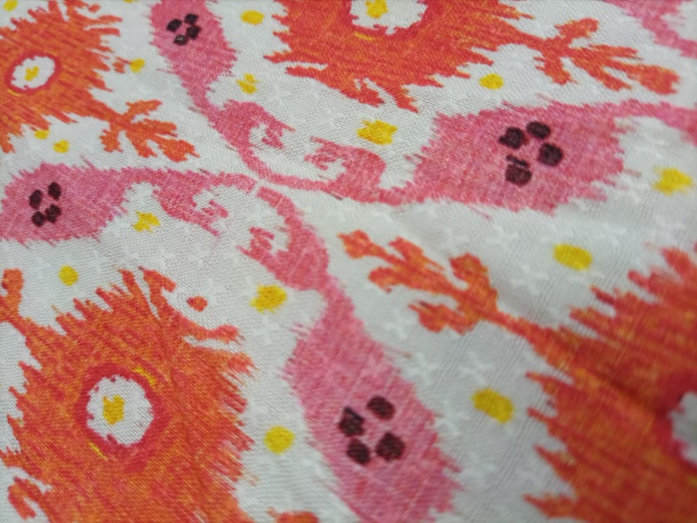 White & Orange Traditional Motif Print Viscose Dobby Fabric Trade UNO