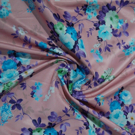Pink Floral Print Poly Satin Twill Fabric Trade UNO