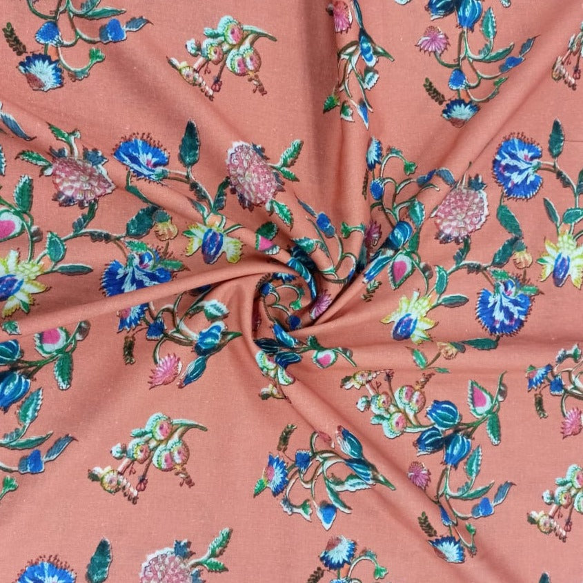Peach Floral Print Cotton Linen Fabric Trade UNO