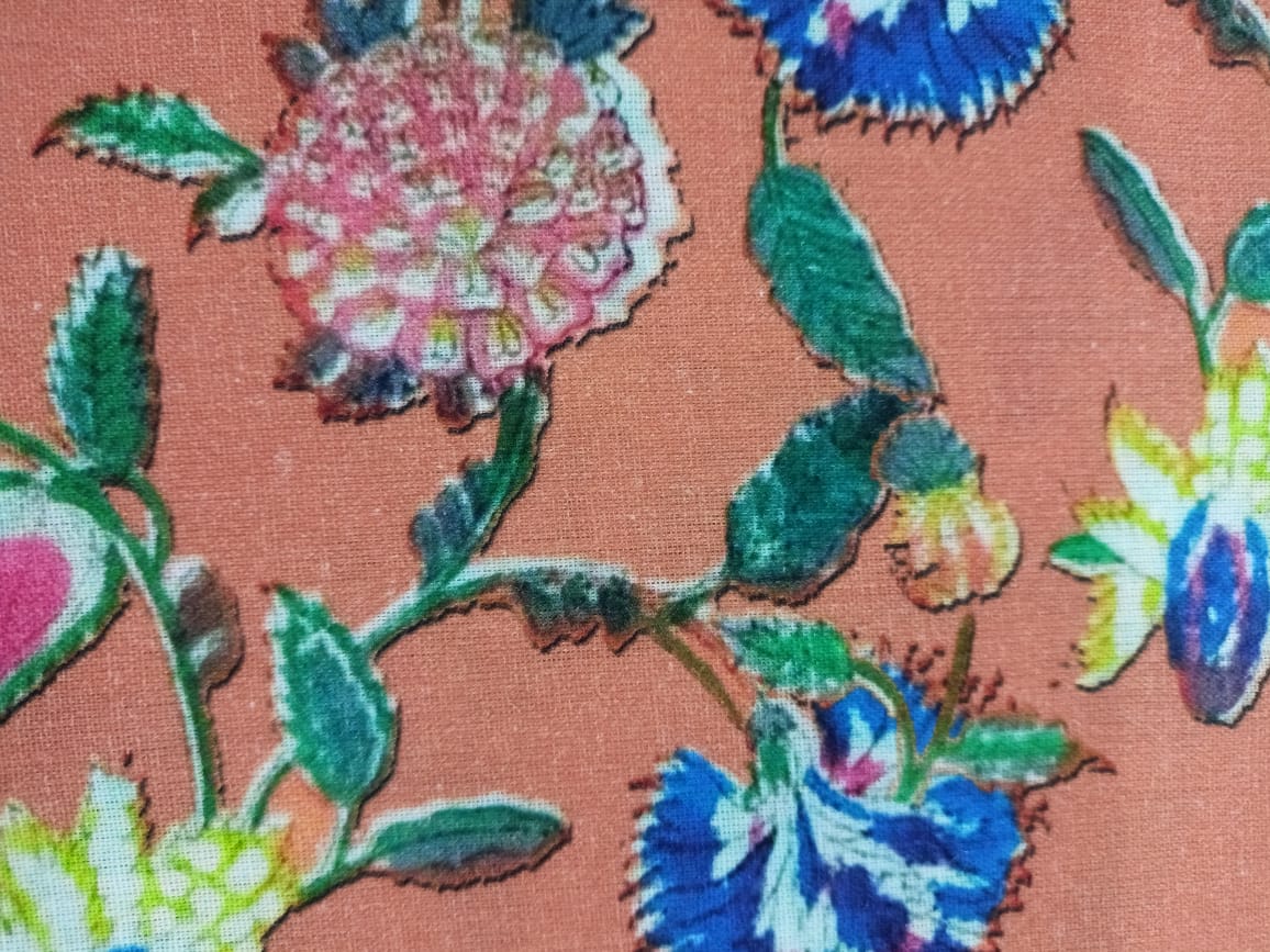 Peach Floral Print Cotton Linen Fabric Trade UNO