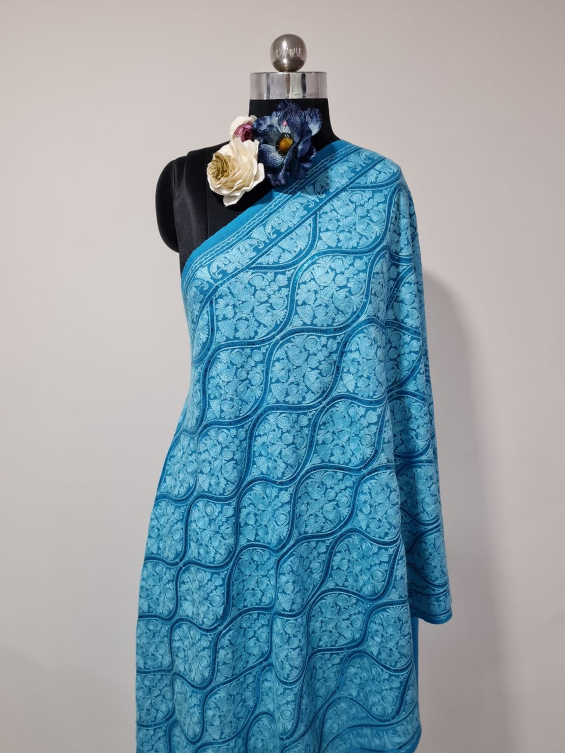 Viscose Shawl, Size 70x180 Sky Blue Color Sequence Thread Embroidery Work Shawl (TU-2972) Trade UNO