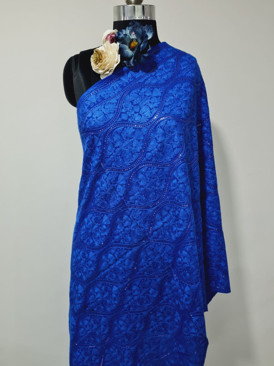 Viscose Shawl, Size 70x180 Blue Color Sequence Thread Embroidery Traditional Work Shawl (TU-2973) Trade UNO