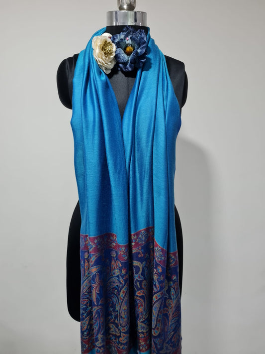 Silk Shawl, Size 70x180 Blue Paisley Print Border Shawl (TU-2948) Trade UNO