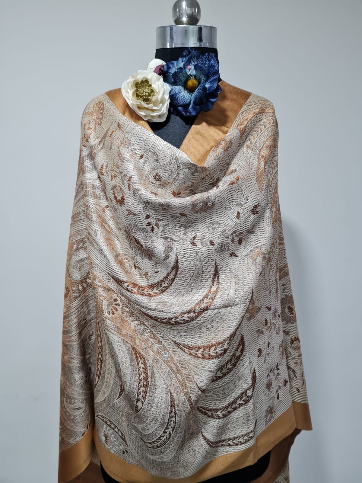 Silk Shawl, Size 70x180 Golden Brown Paisley Print Shawl (TU-2942) Trade UNO