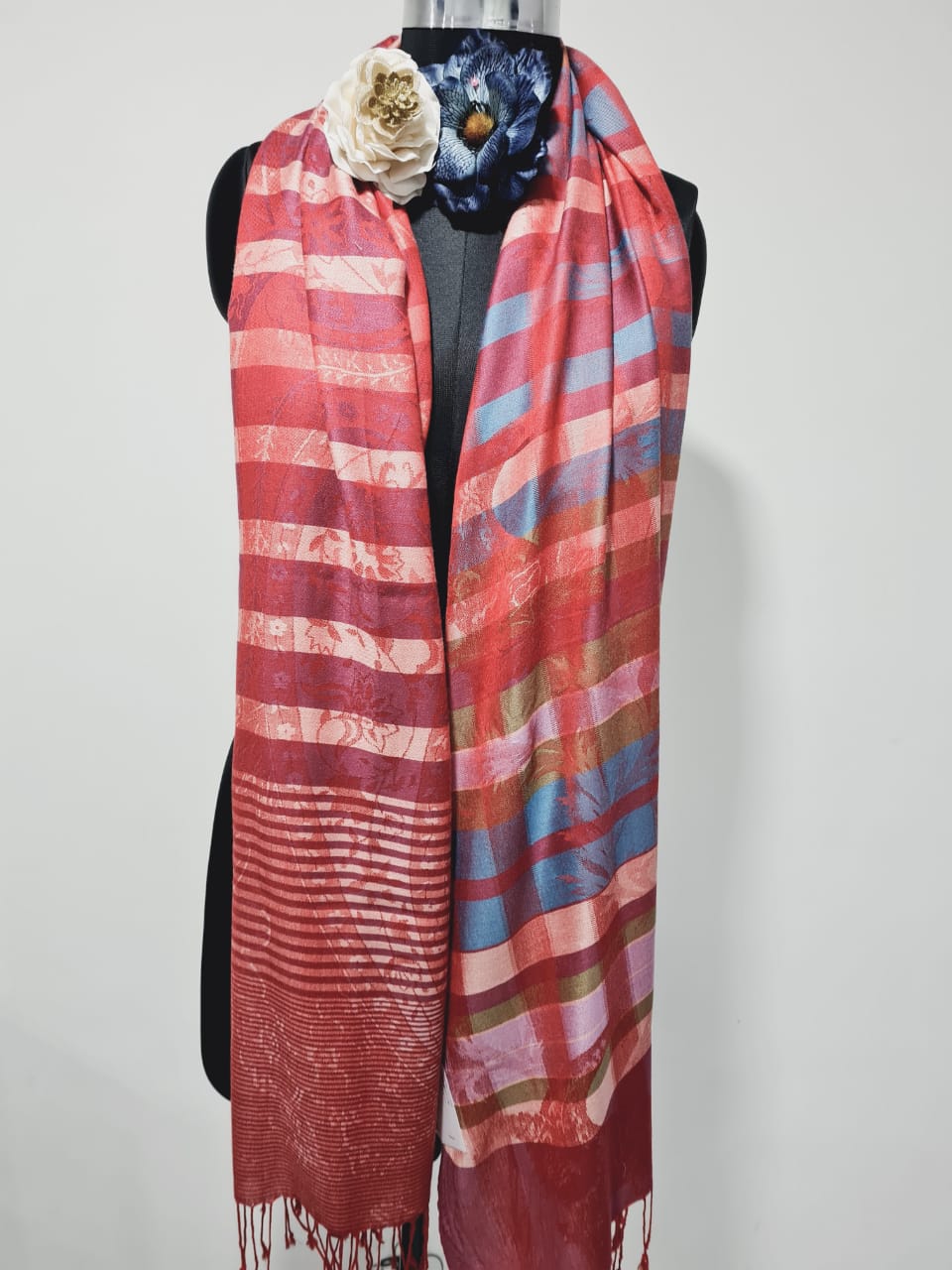 Silk Shawl, Size 70x180 Red _ Multi Color Traditional Print Shawl TU-2950) Trade UNO