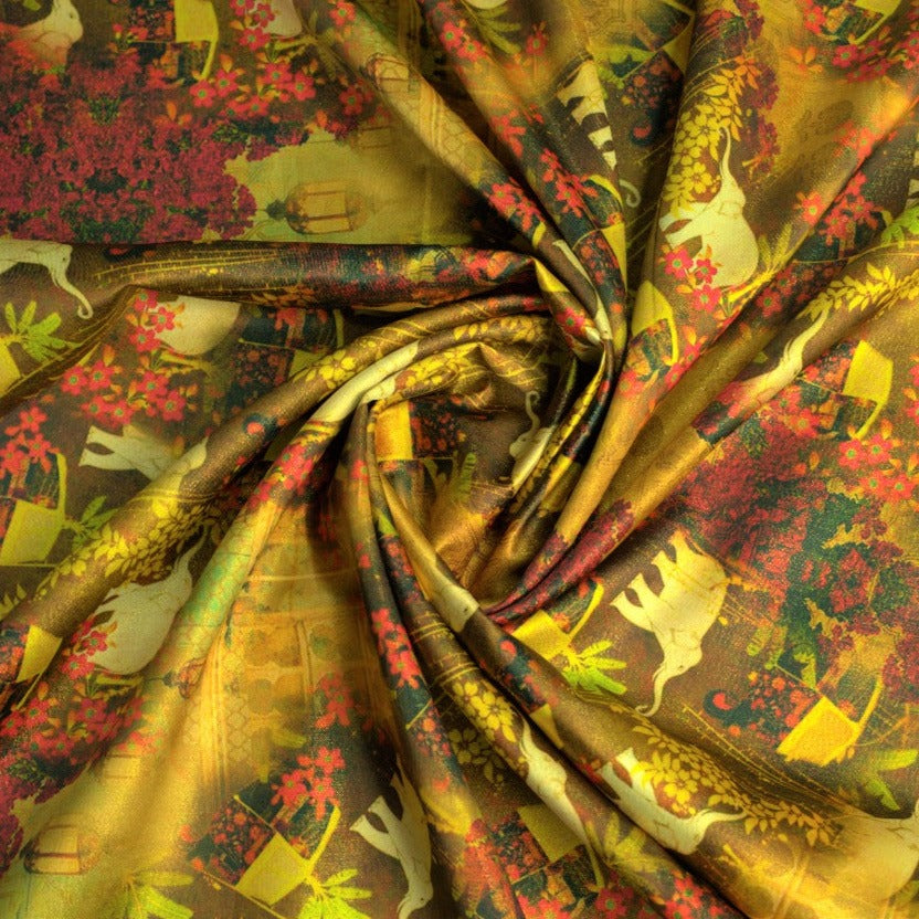 Multi Color Digital Print Golden Shimmer Satin Fabric Trade UNO