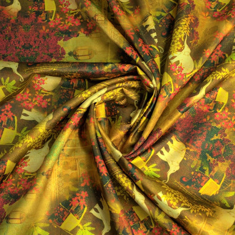 Multi Color Digital Print Golden Shimmer Satin Fabric Trade UNO