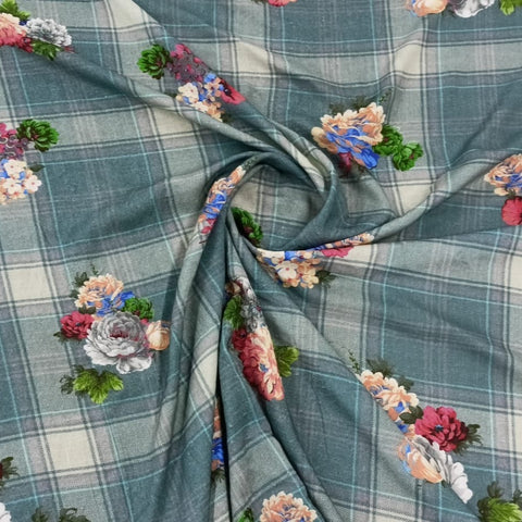 Green Floral Check Print Viscose Fabric Trade UNO