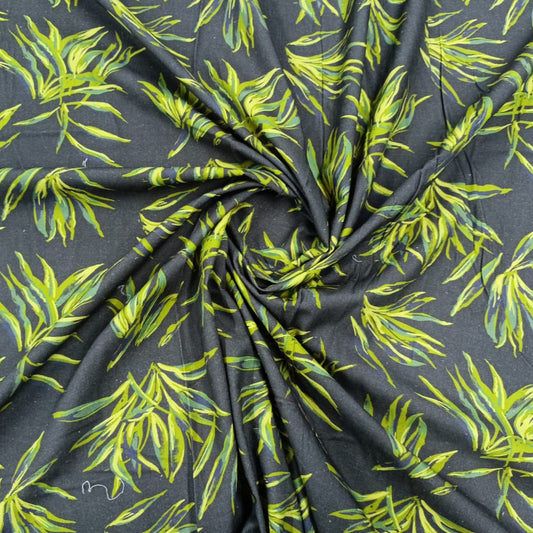 Grey & Green Leaf Print Cotton Linen Fabric Trade UNO