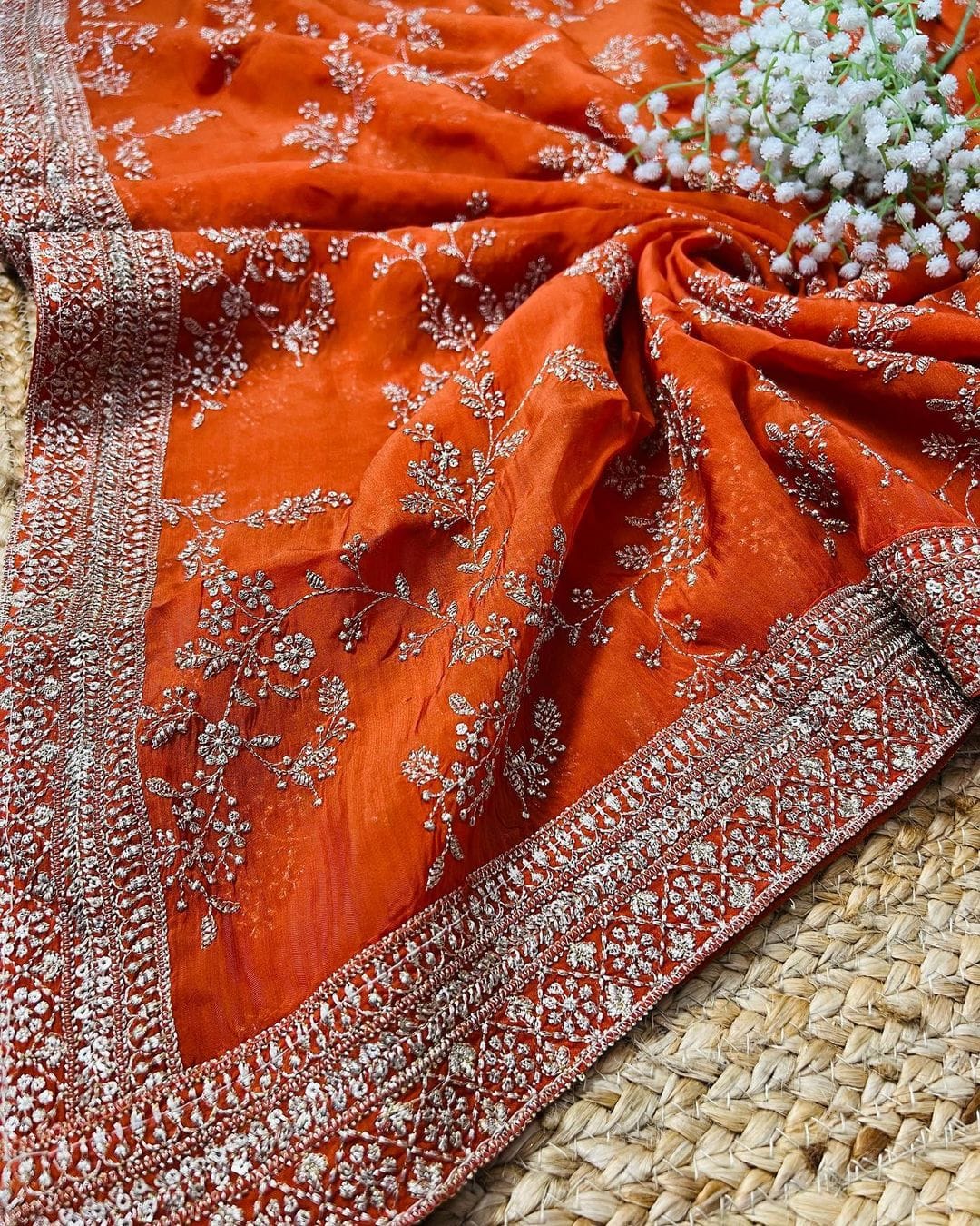 Orange Golden Floral Embroidery Dupatta - TradeUNO