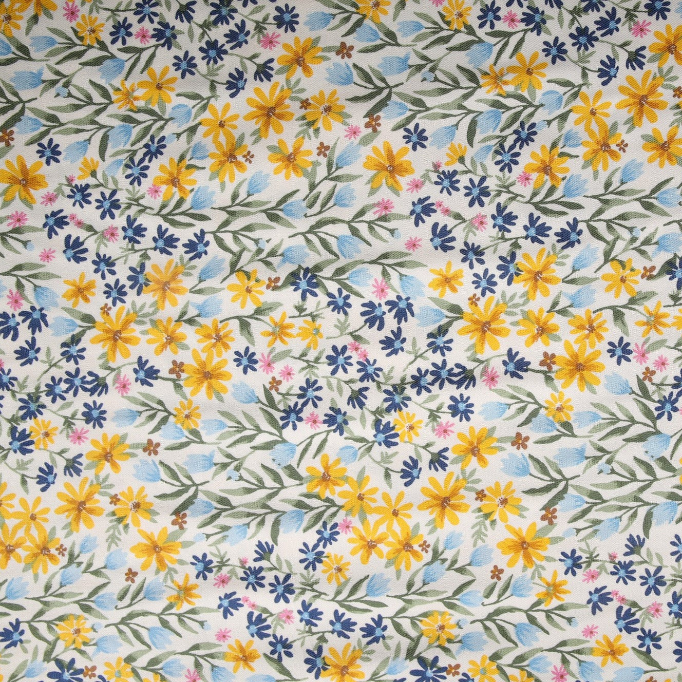 White & Yellow Ditsy Floral Print Rayon Fabric Online India