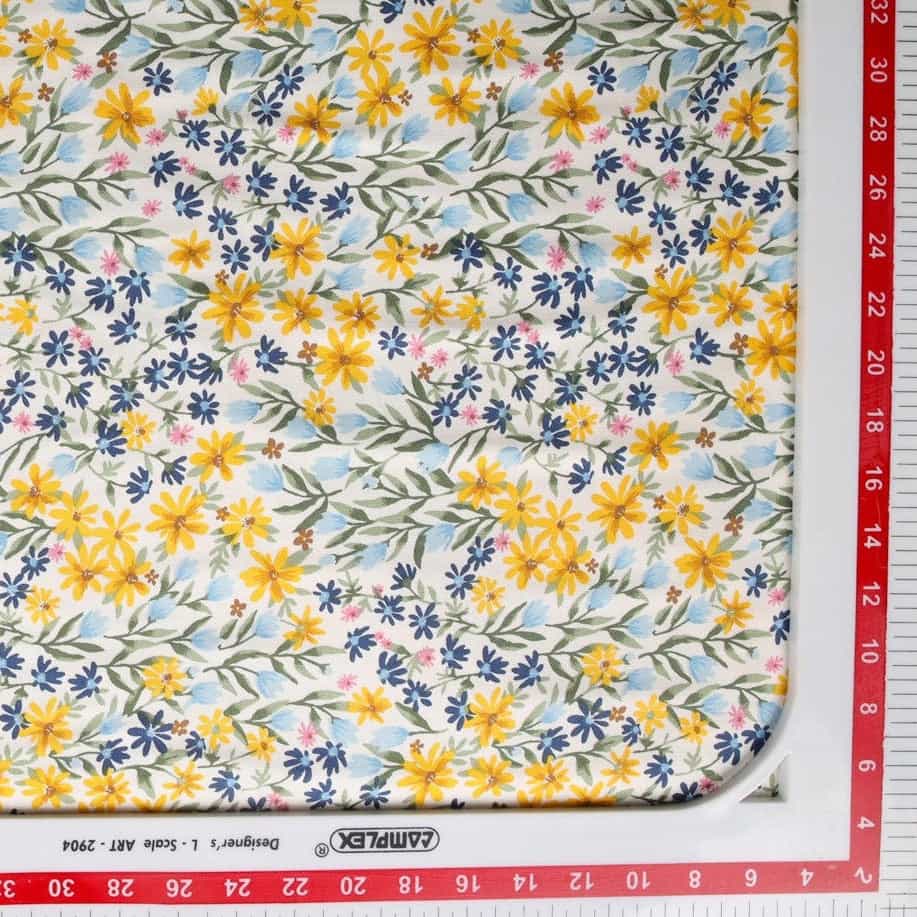 White & Yellow Ditsy Floral Print Rayon Fabric , 54 Inches 