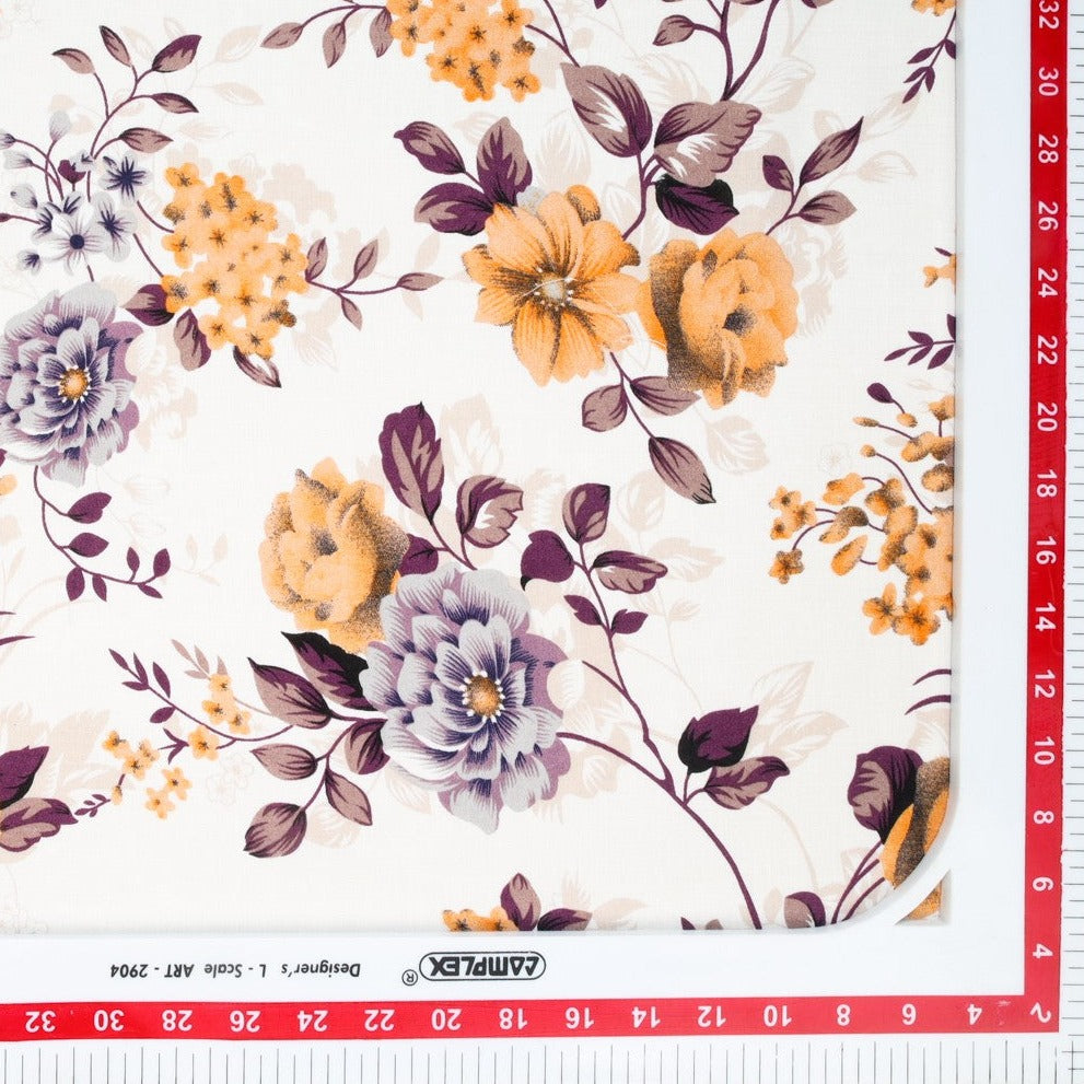 Buy White & Orange Ditsy Floral Print Rayon Fabric Online India