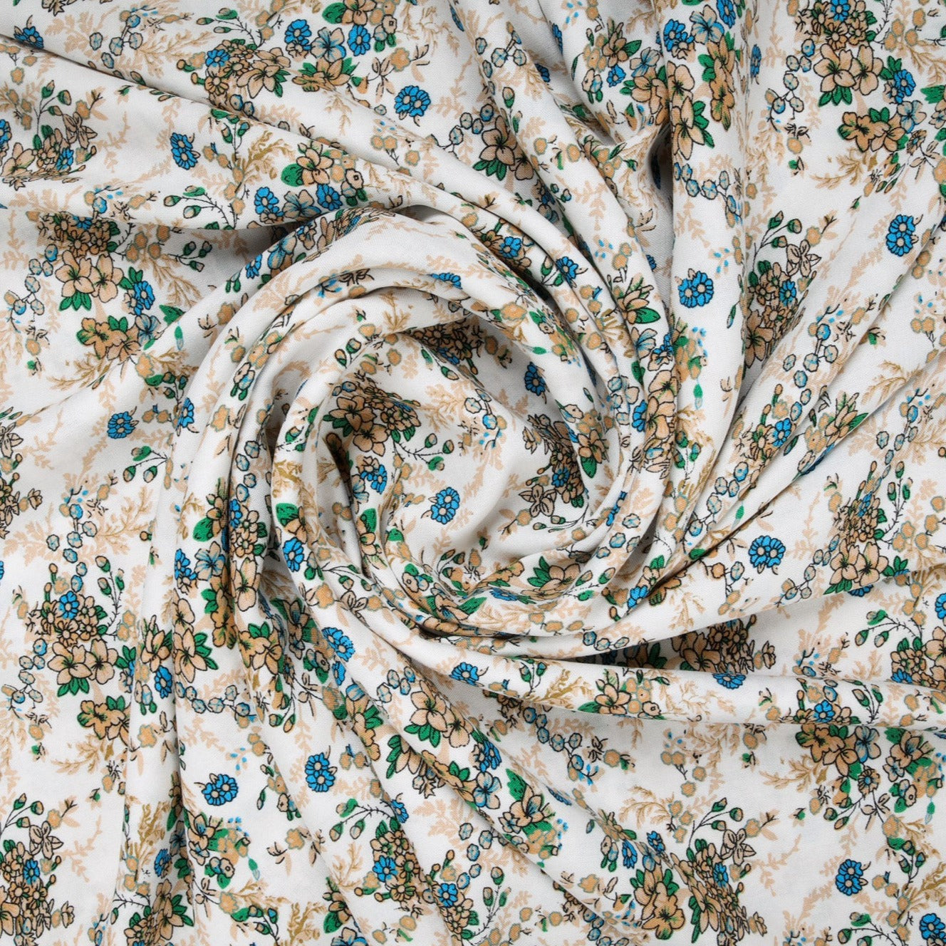 White &  Blue Ditsy Floral Print Rayon Fabric