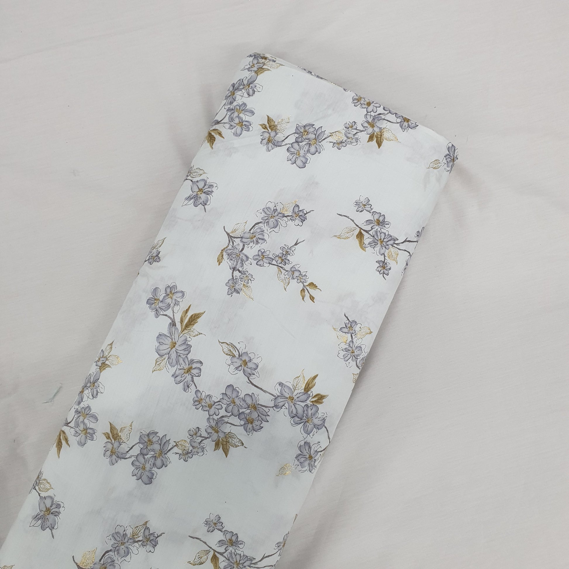 White Floral With Foil Print Rayon Fabric Trade UNO