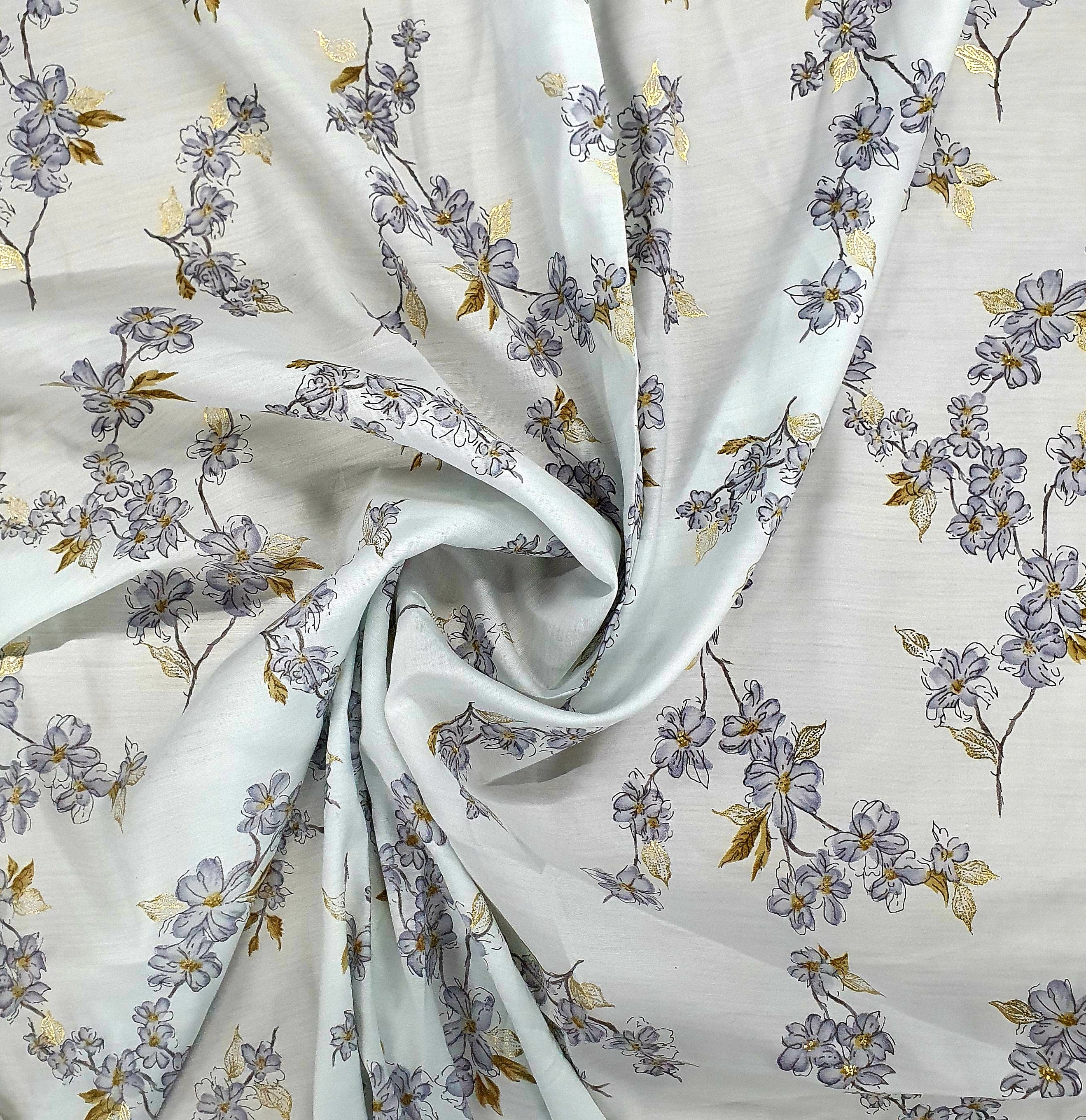 White Floral With Foil Print Rayon Fabric Trade UNO