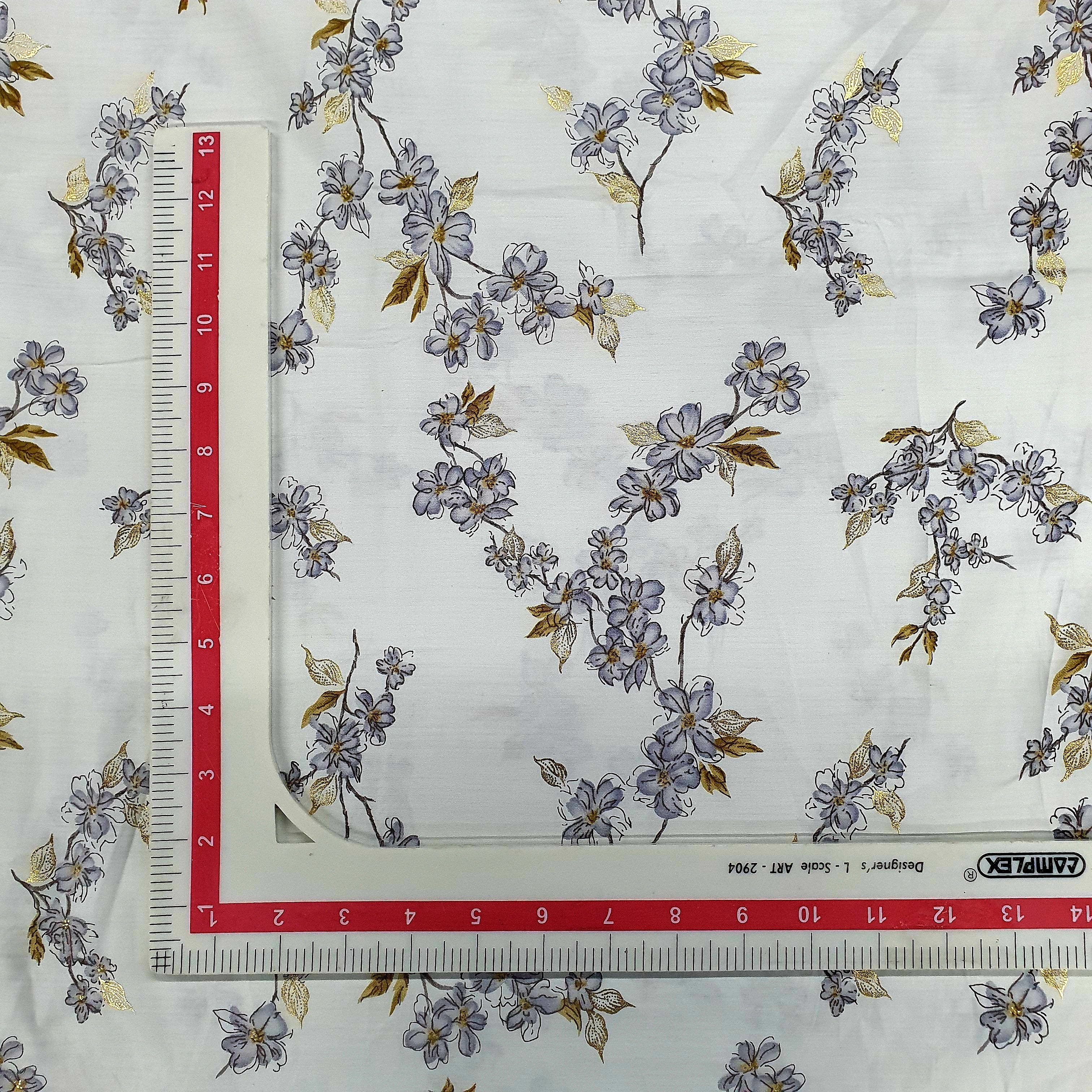 White Floral With Foil Print Rayon Fabric Trade UNO