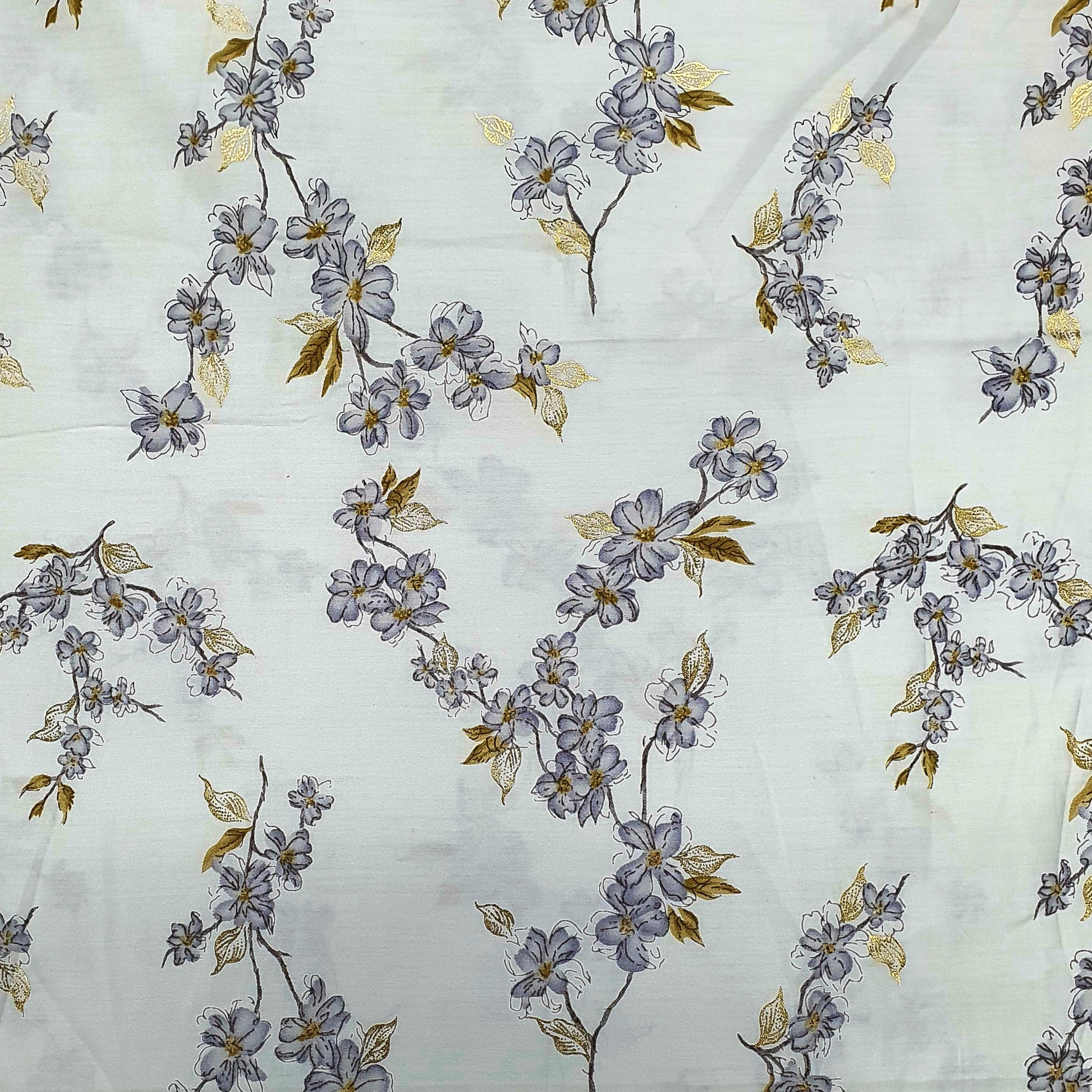 White Floral With Foil Print Rayon Fabric Trade UNO