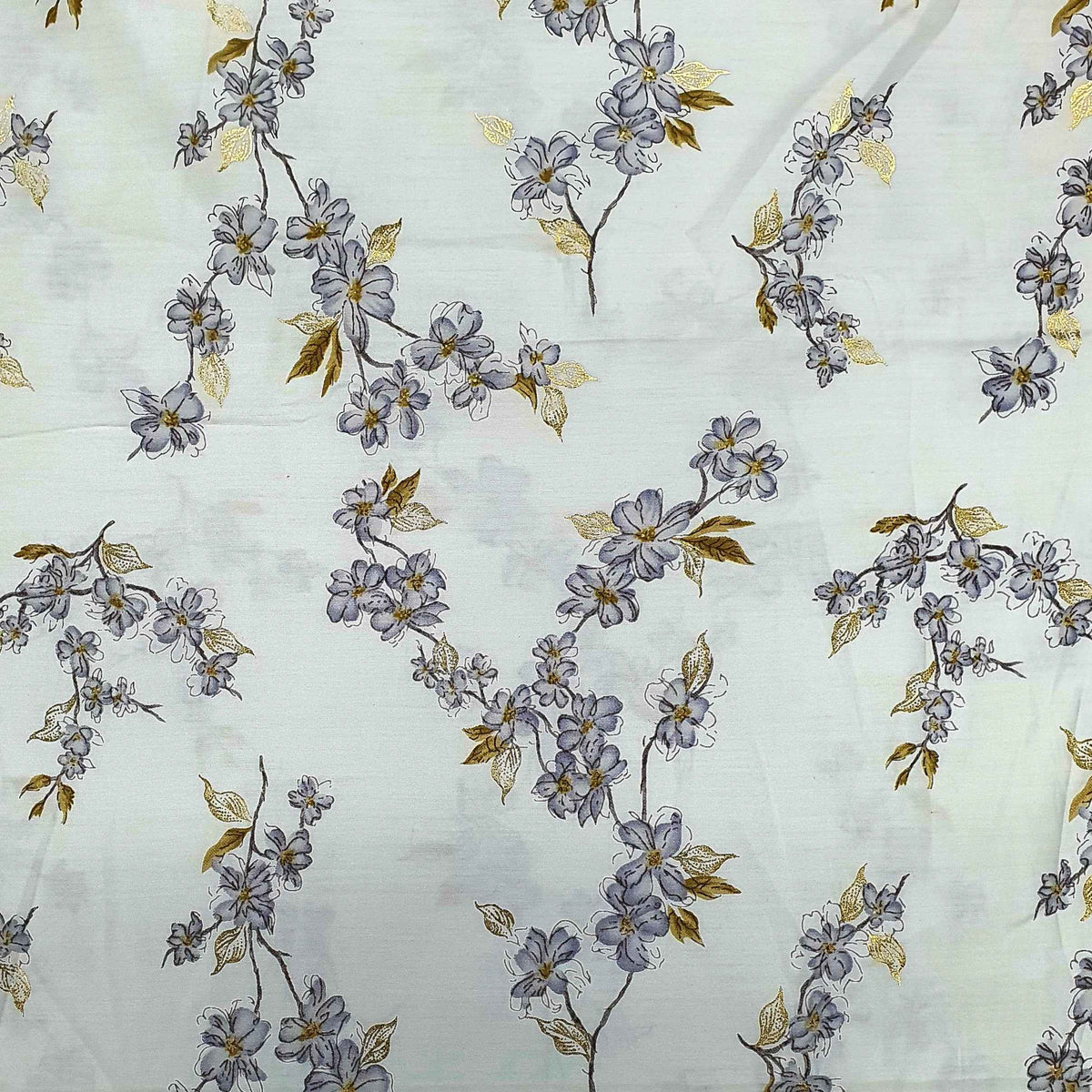 White Floral With Foil Print Rayon Fabric
