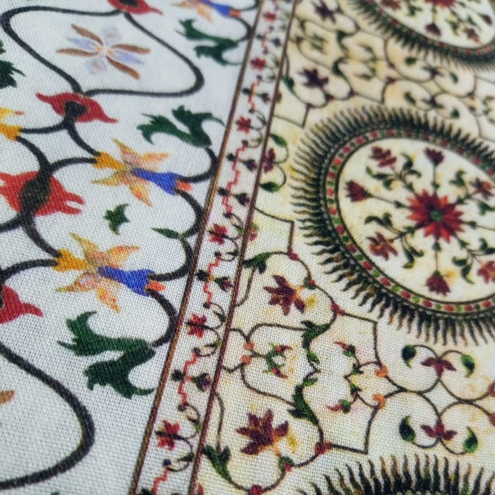 White Multi Color Mughal Floral Rayon Fabric Trade UNO
