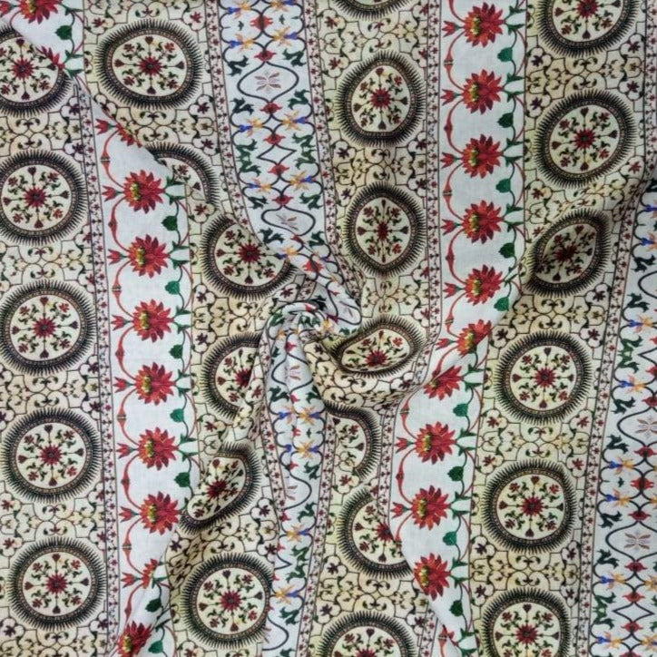 White Multi Color Mughal Floral Rayon Fabric Trade UNO