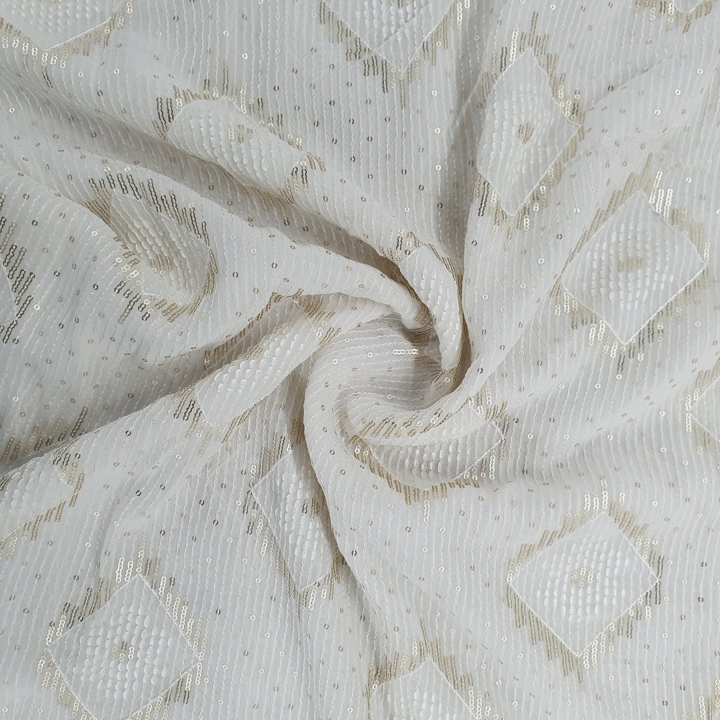 White & Gold Sequence Thread Embroidery Dyeable Georgette Fabric Trade UNO
