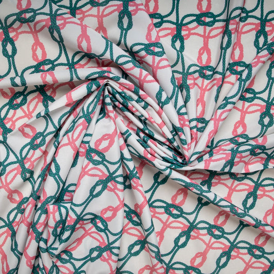 White With Pink & Green Rope Print Crepe Fabric Trade UNO