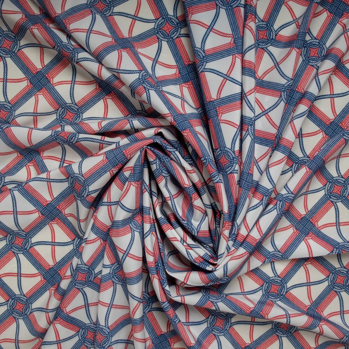 White With Red & Blue Rope Print Crepe Fabric Trade UNO
