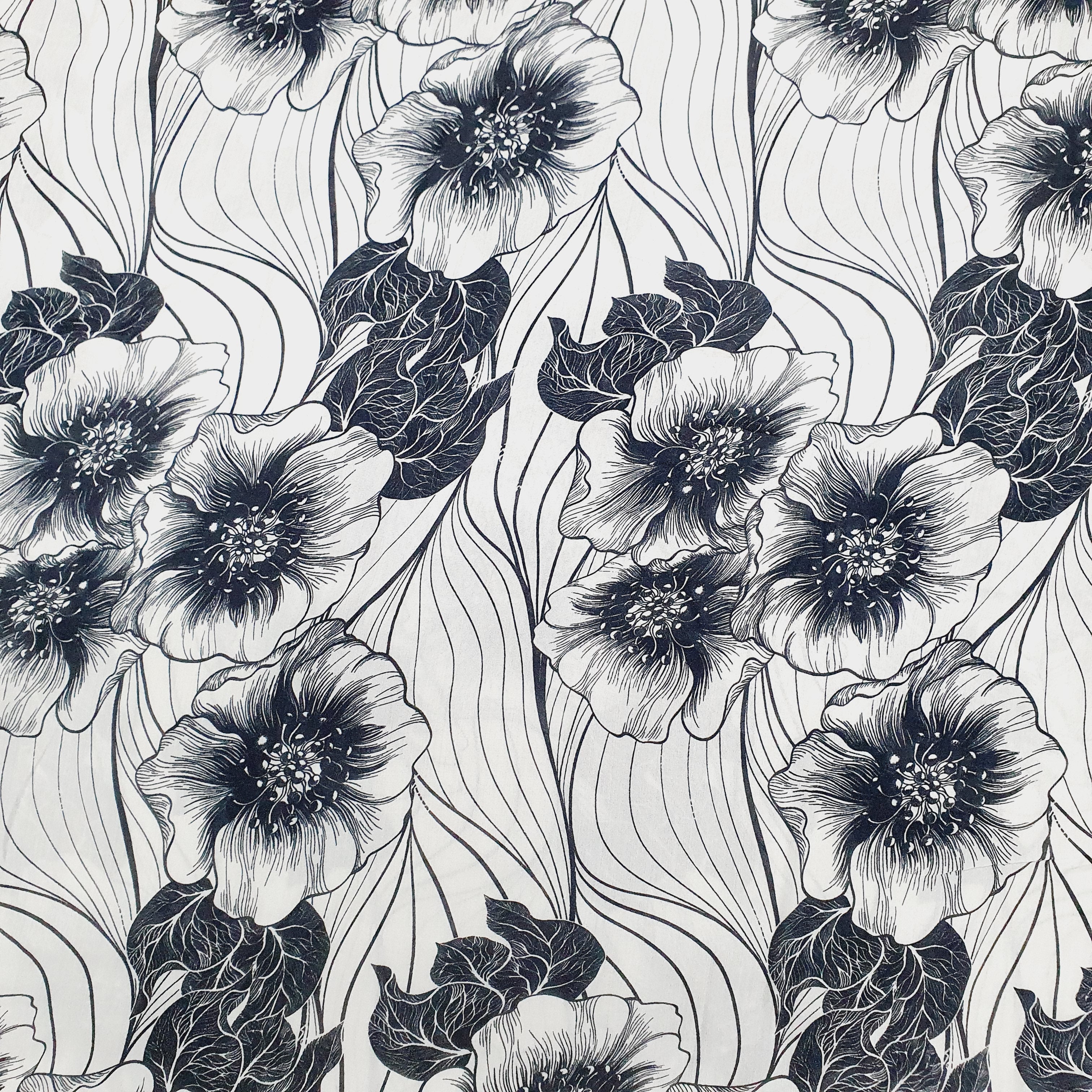 White & Black Floral Print Poly Viscose Fabric Trade UNO