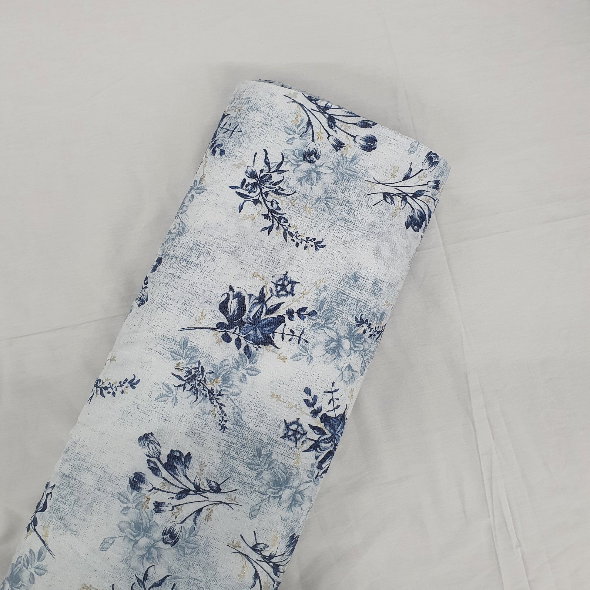 White & Blue Floral With Foil Print Cotton Slub Fabric Trade UNO