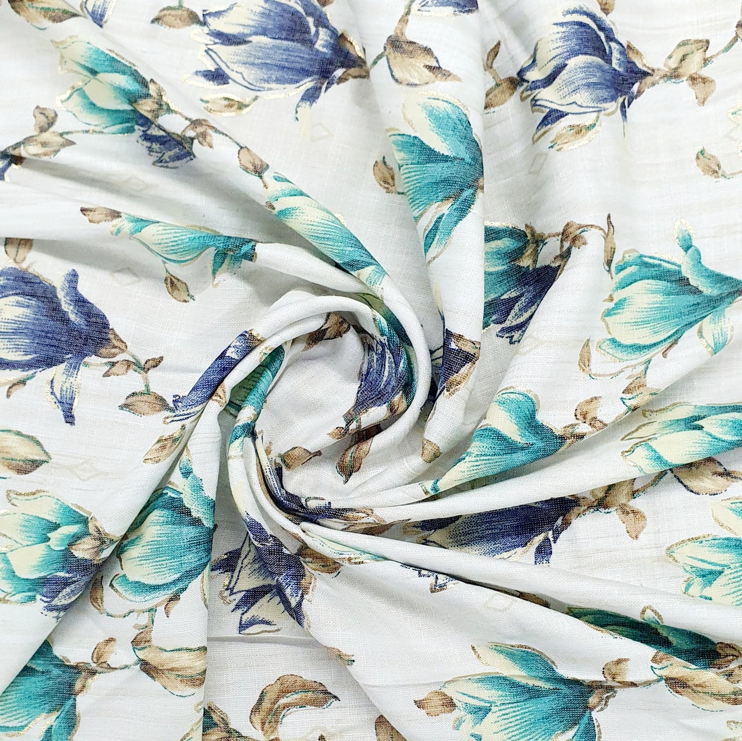 White & Blue Floral With Foil Print Rayon Fabric Trade UNO