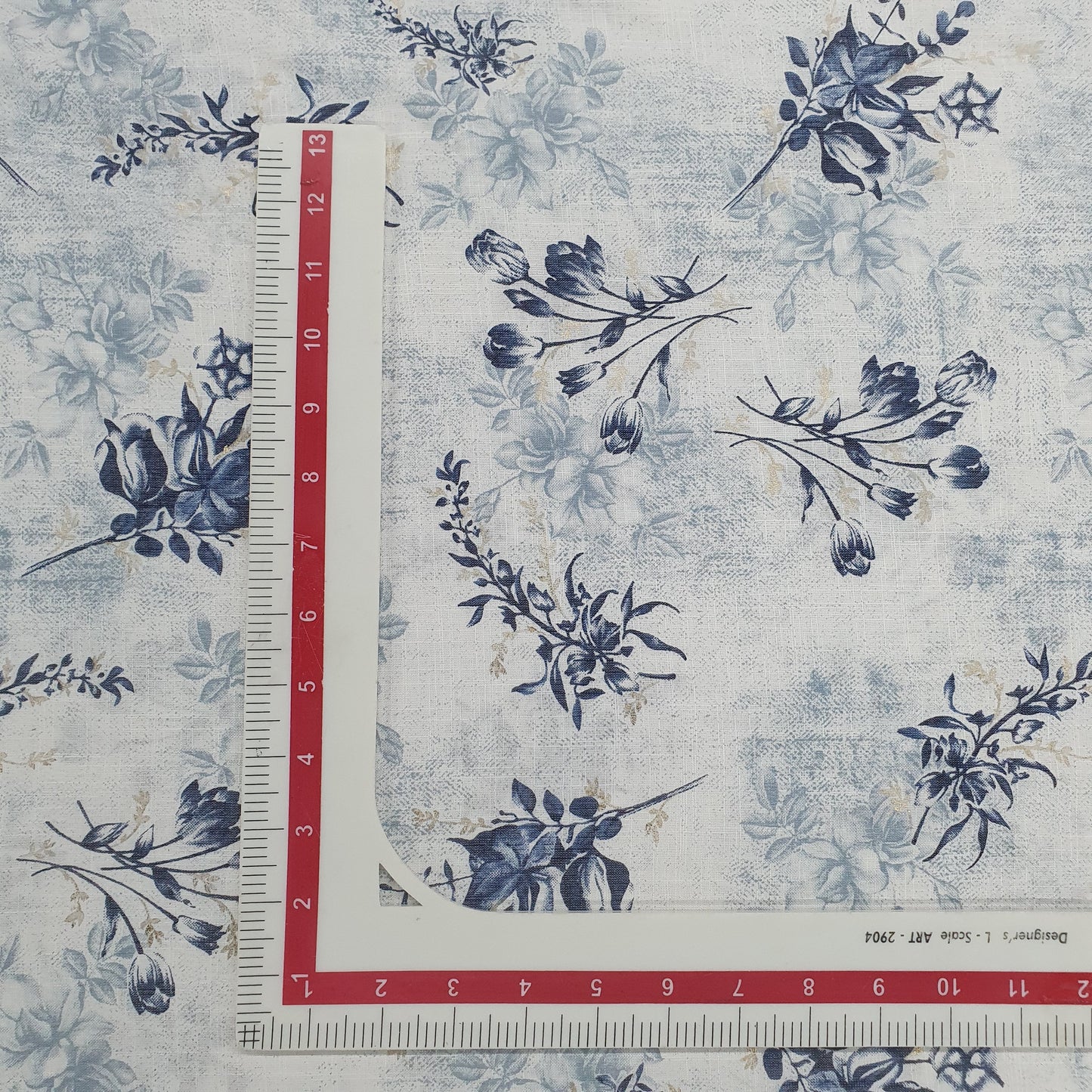 White & Blue Floral With Foil Print Cotton Slub Fabric Trade UNO