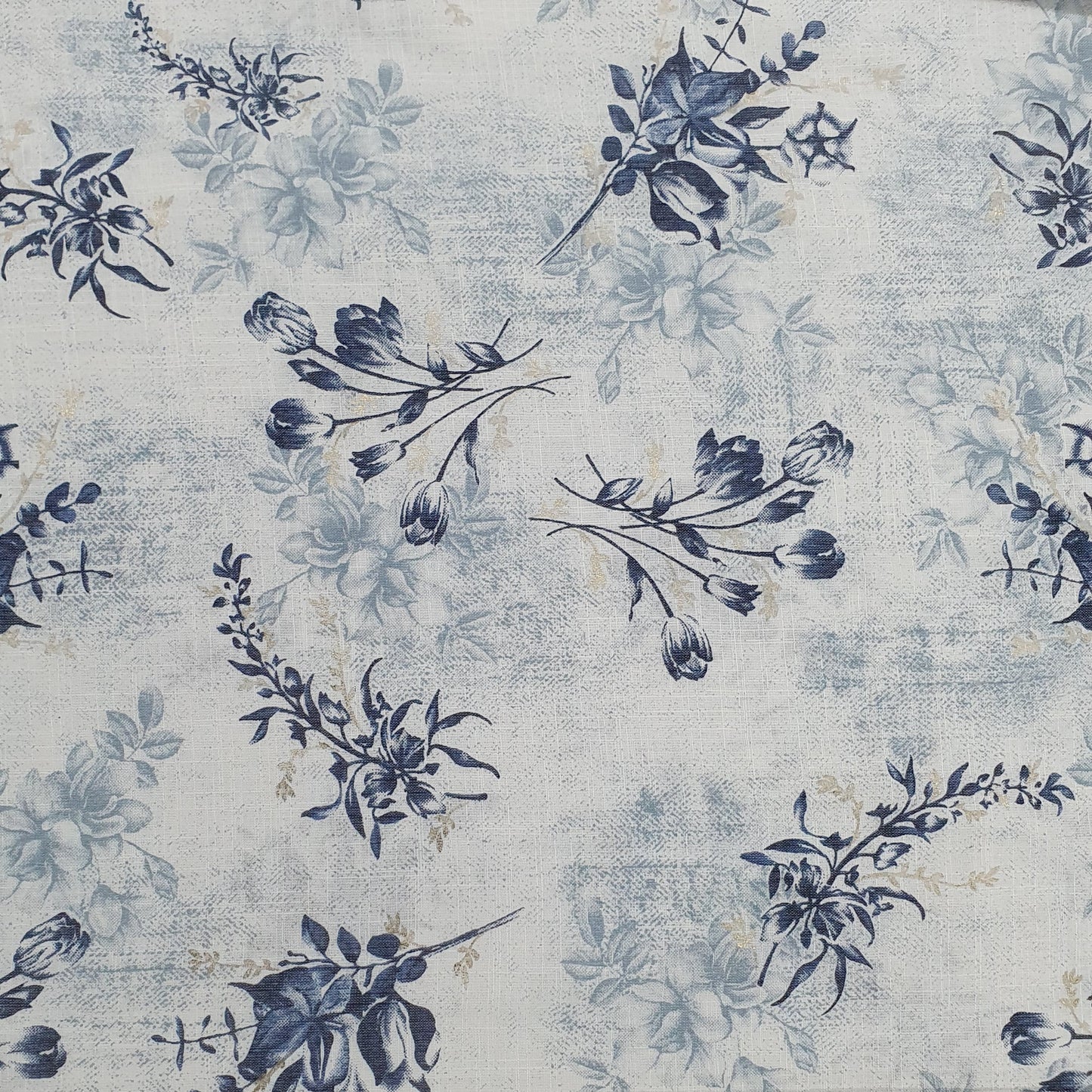 White & Blue Floral With Foil Print Cotton Slub Fabric Trade UNO