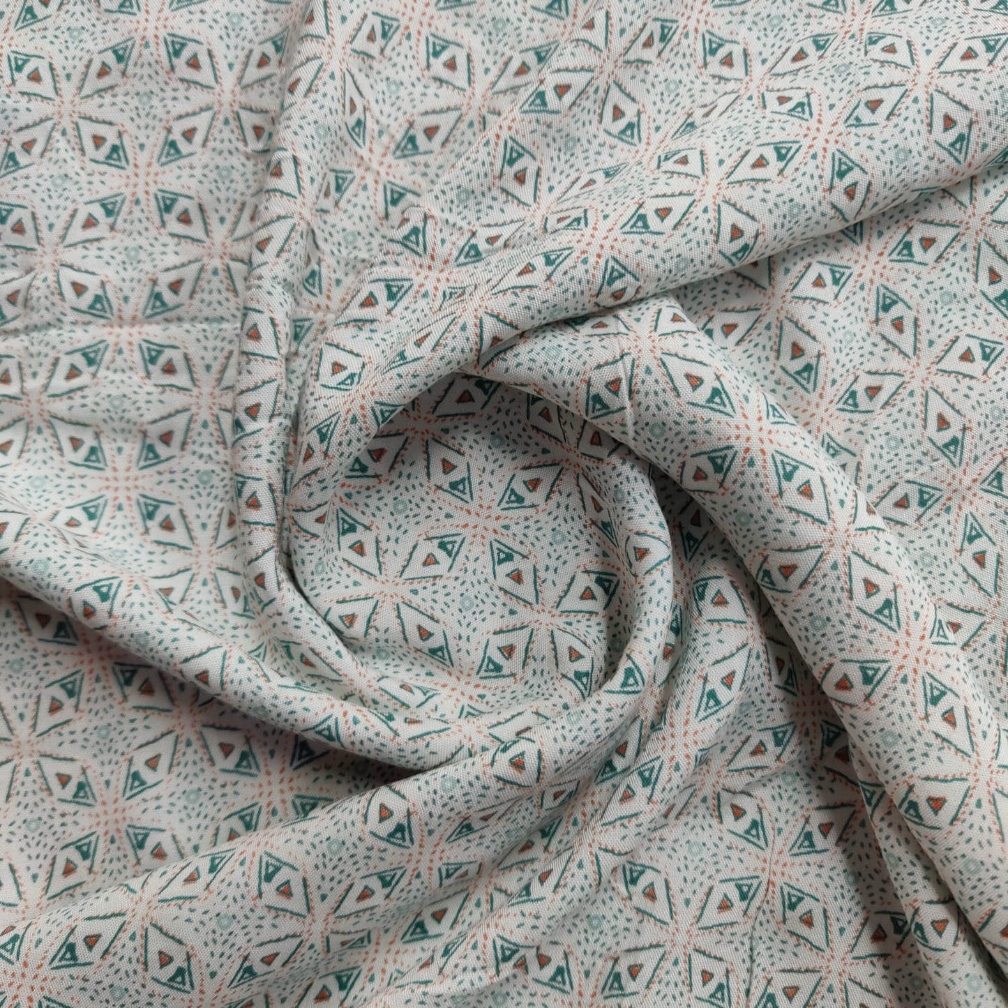White & Green Geometrical Print Rayon Fabric
