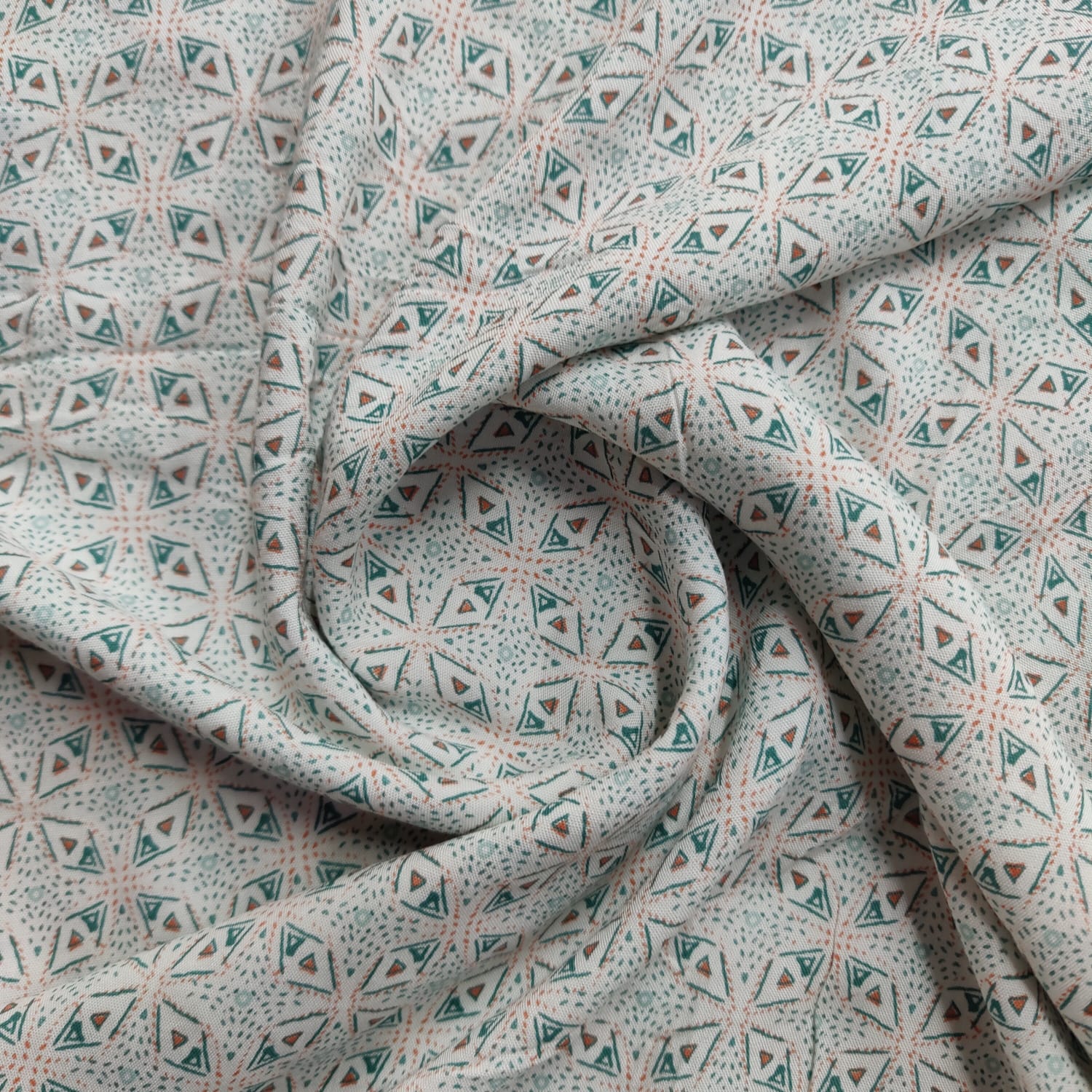 White & Green Geometrical Print Rayon Fabric - TradeUNO