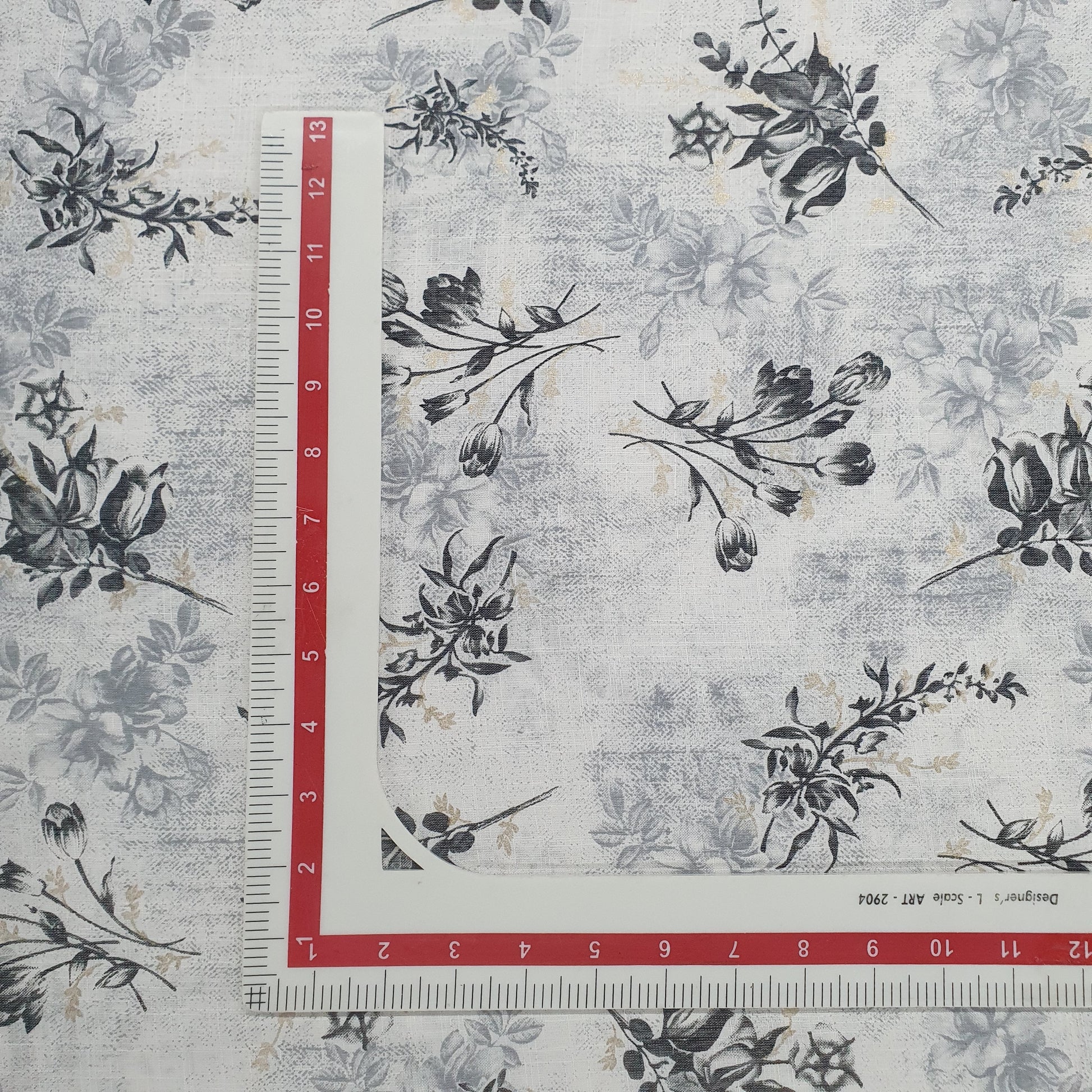 White & Grey Floral With Foil Print Cotton Slub Fabric Trade UNO