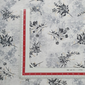 White & Grey Floral With Foil Print Cotton Slub Fabric Trade UNO