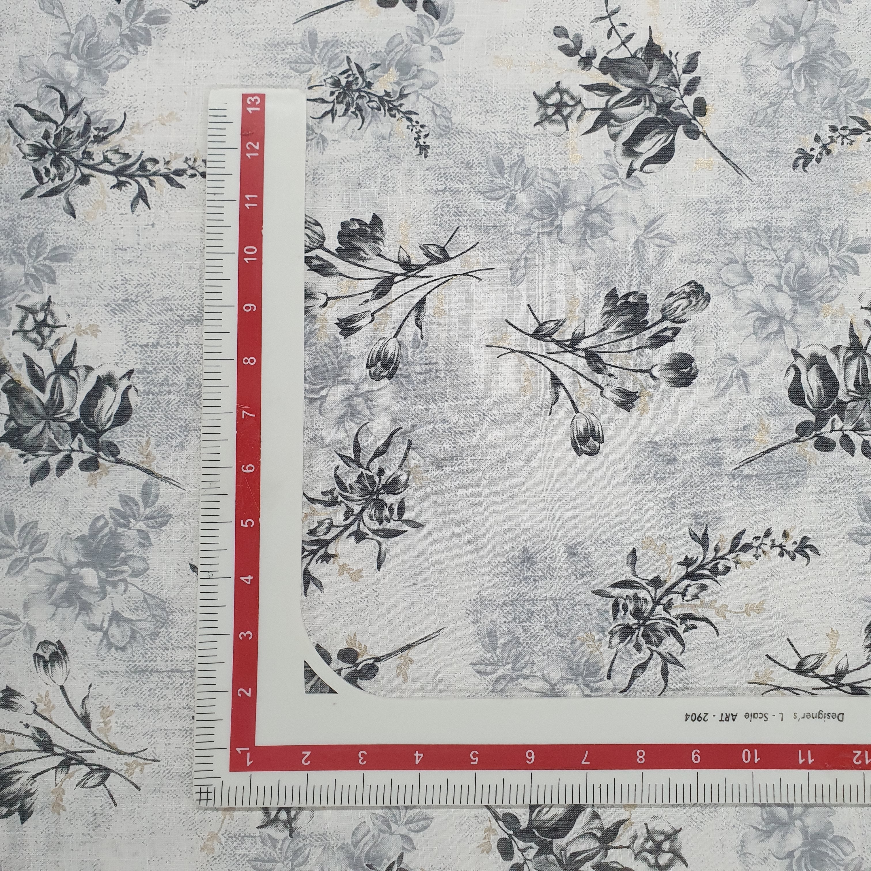 White & Grey Floral With Foil Print Cotton Slub Fabric Trade UNO